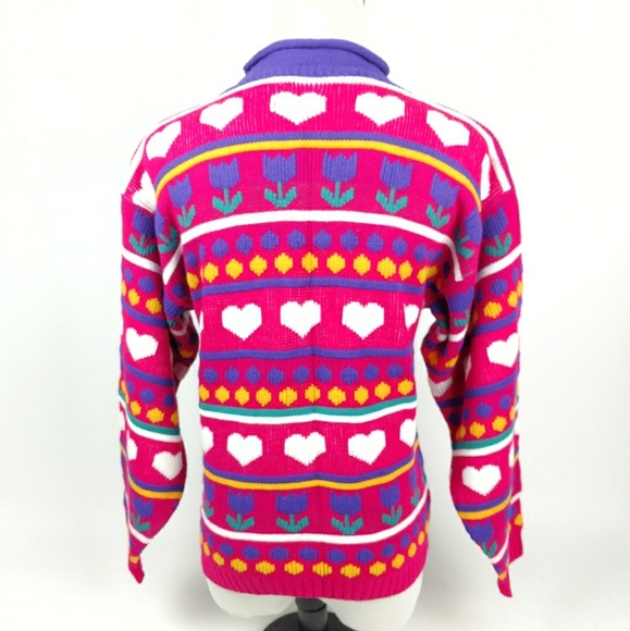 Vintage '80s Sure Fun Pink Hearts & Tulips Sweater - Picture 4 of 5